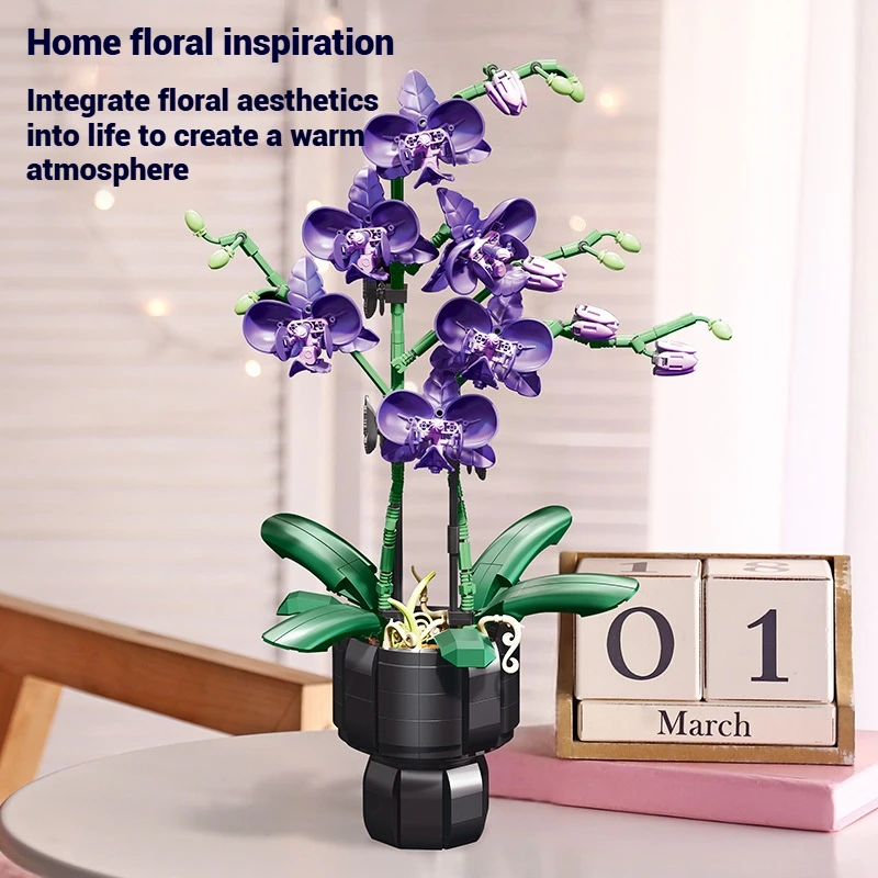 

JJ9235 Orchid Purple Charm Plant Flower Creative Bouquet Model Assembly, Girls Building Block Toy Set, Girls Holiday Toy Gift