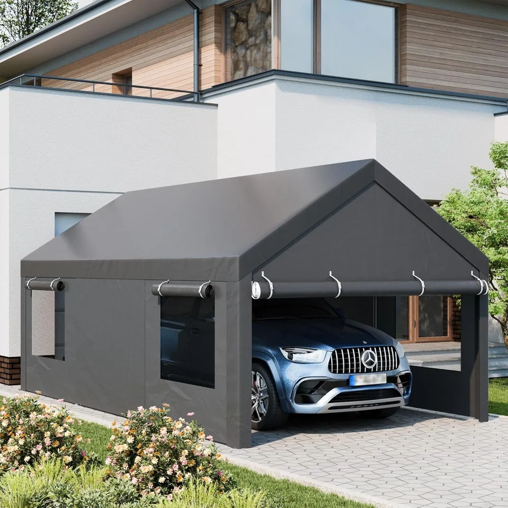 Carport, 12x20 ft Heavy Duty Carport with Roll-up Windows, Portable Garage with Removable Sidewalls & Doors, Car Canopy with Sa
