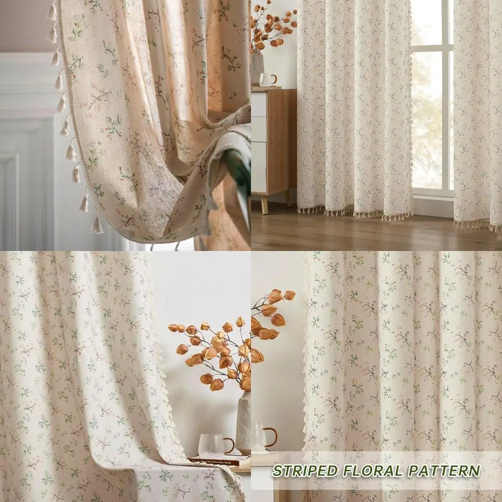 

Шторы в стиле бохо с цветочным принтом из смеси льна, комплект из 2 панелей, длина 84 дюйма, стиль фермерского дома с кисточками-втулками, с милым полевым цветком P