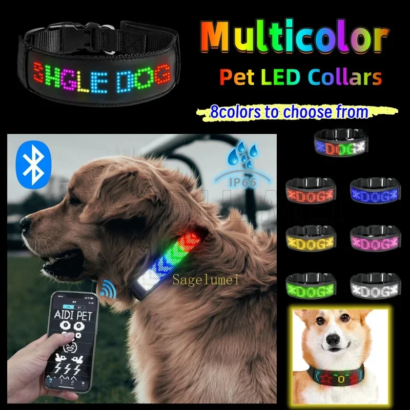 LED Multicolor Display Pet Dog Collars Programmable Multilingual Scrolling Customized Animations Rechargeable Glowing Necklace