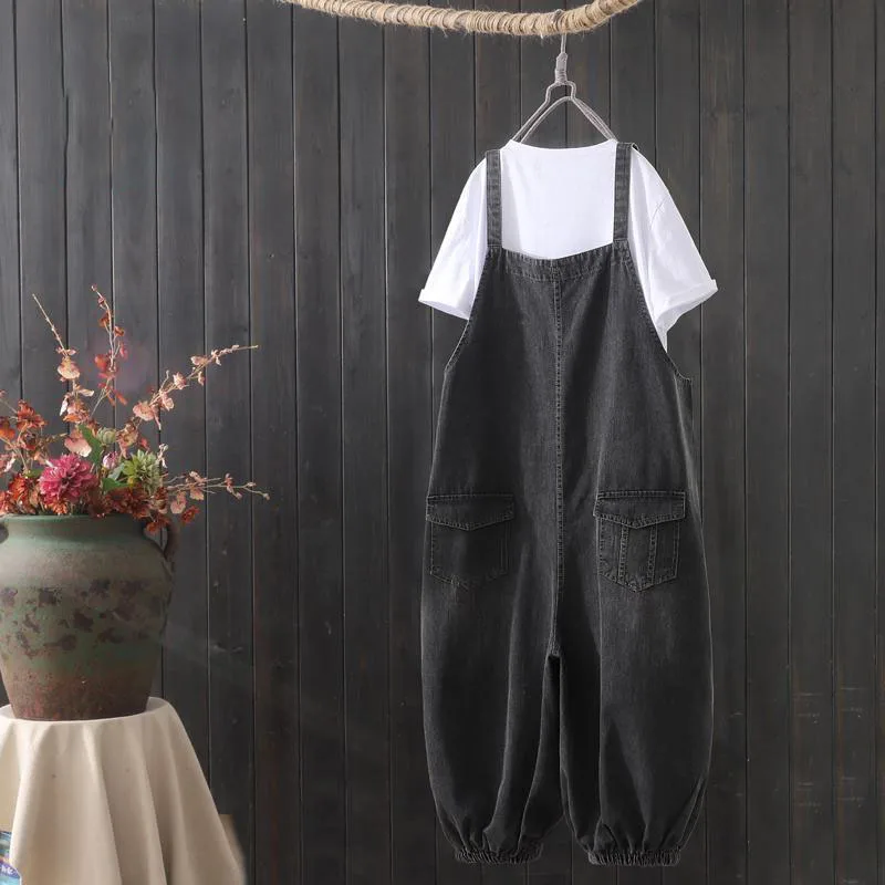 Loose Wide Leg Denim Overalls Thin Summer Women's plus Size High Waist Nine Points Jeans Pants Harlan Trousers Korean Sle