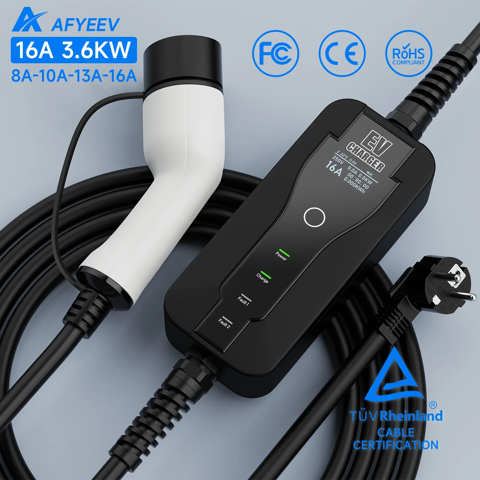 AFYEEV 3.6KW 16A Type2 IEC62196-2 EV Charger Portable Type1 SAE J1772 Electric Car Charger GBT EVSE Charging Cable EU Plug