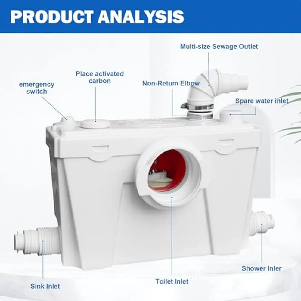 Toilet Macerator Pump System Water Tank Elongated Bowl Quiet-close Seat Stainless Steel Blades Easy Installation Included Pipe