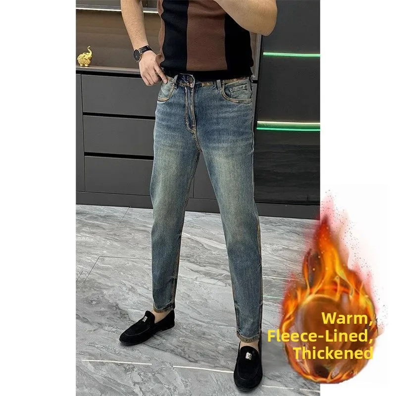 

Мужские джинсы с утолщенной флисовой подкладкой, прямые брюки, повседневные, осенне-зимние, модные, облегающие, теплые, длинные брюки-буткэт