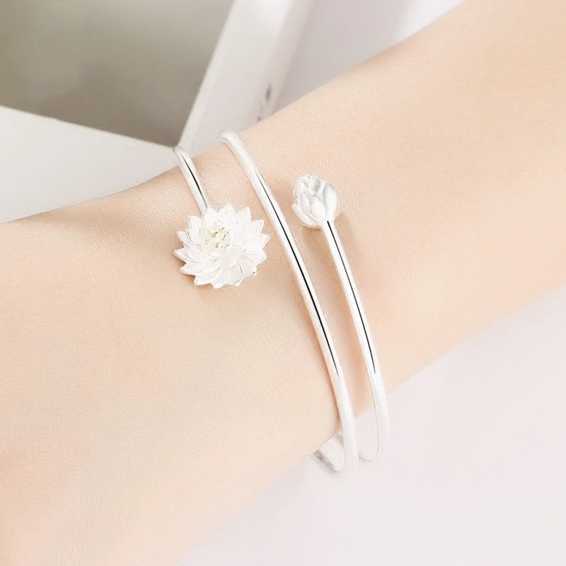Fashionable Lotus 925 Sterling Silver Bangles Split Layer Opening Bracelets