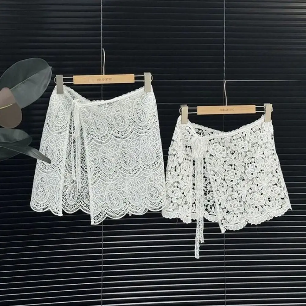 

Elegant Korean Style Lace Skirt Micro Elastic Slim Fit A-Line Skirt Hollow Out Design With Belt Bandage Skirt Women's Clothing