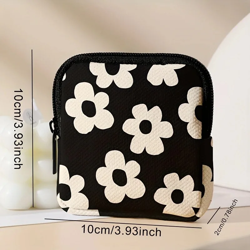 Black printed coin purse faux leather waterproof color print flower zipper square multifunctional earphone storage bag