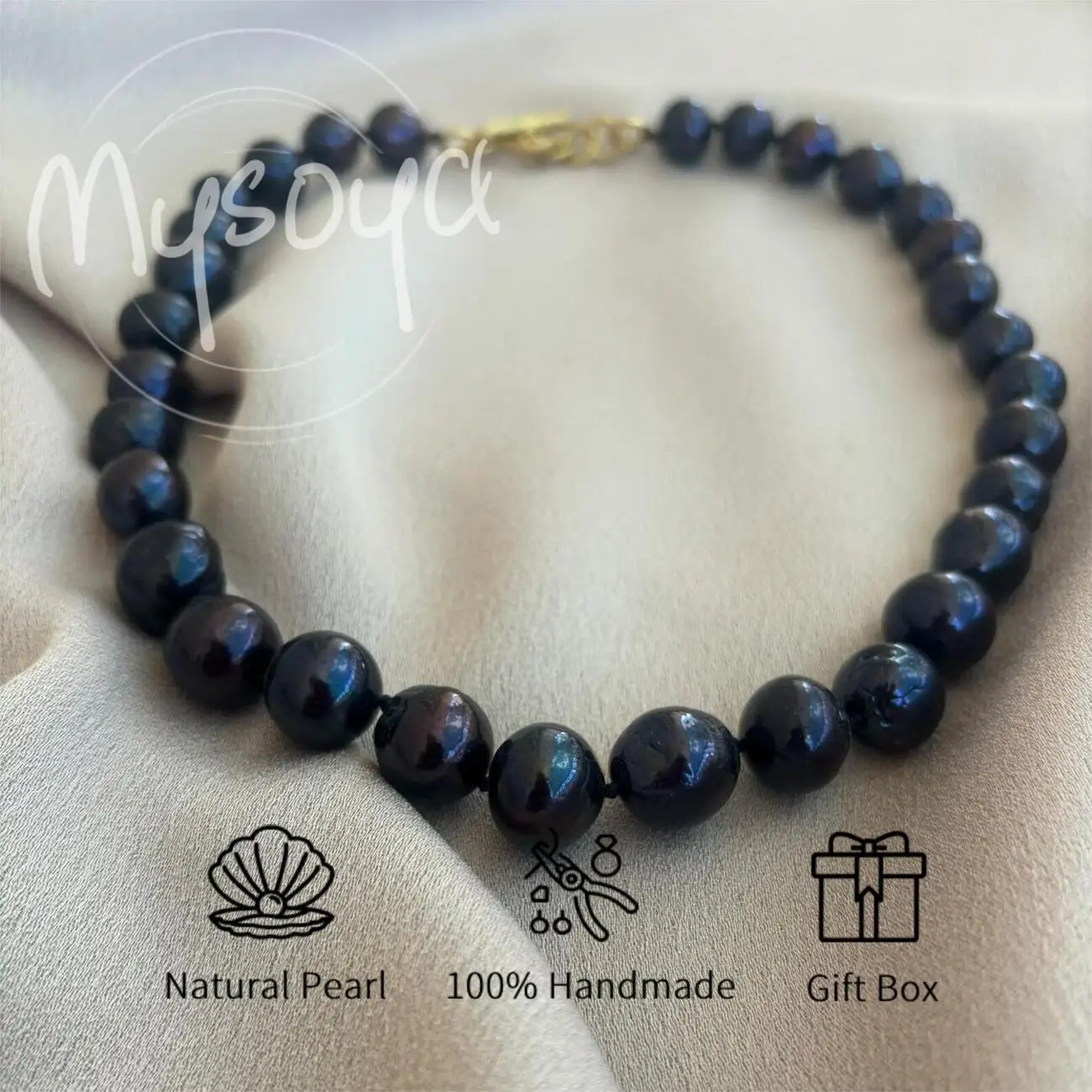 

MYSOYA 10-11mm Black Freshwater Pearl Necklace With Golden OT Clasp Gift Box Unisex Jewelry Perfect For Wedding Birthday
