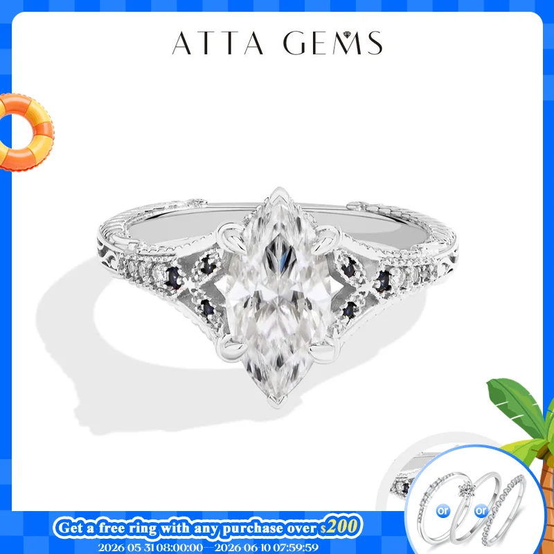 

ATTAGEMS Marquise Cut 2ct Moissanite Ring With Lab Sapphire Women's Ring 925 Sterling Silver Luxury Wedding Jewelry Customizable