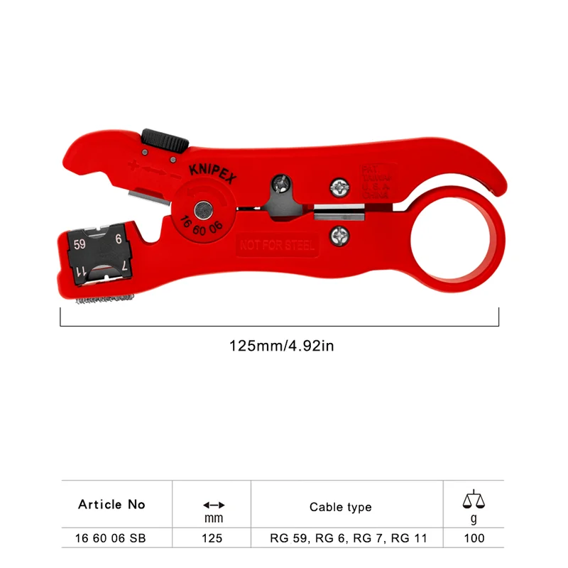 KNIPEX 16 60 06 SB Stripping Tool 5-inch Universal Adjustable Blade Wire Stripping Tool for Coax and Data Cable Easy Operation