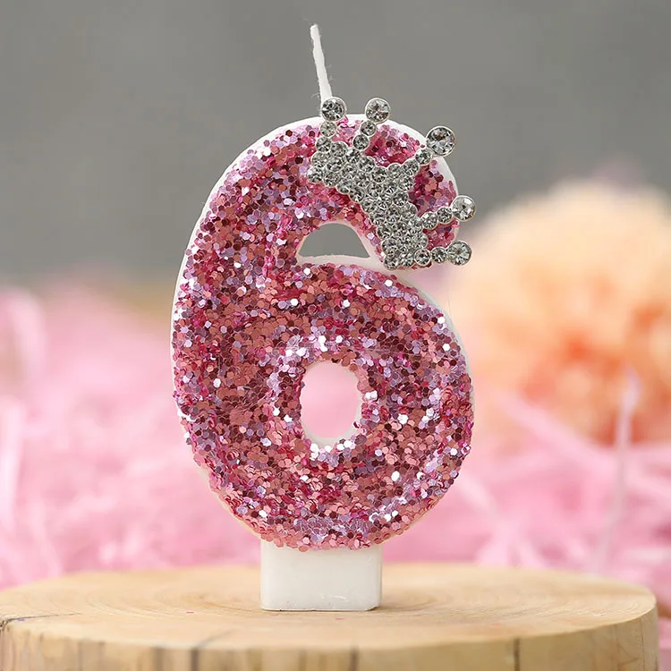 Rosa Krone mit Pailletten-Geburtstagskerzen für Kuchen, Glitzer-Zahlenkerzen 0-9 als Kuchenaufsatz für Frauen-Geburtstagsfeiern. – Detail 8