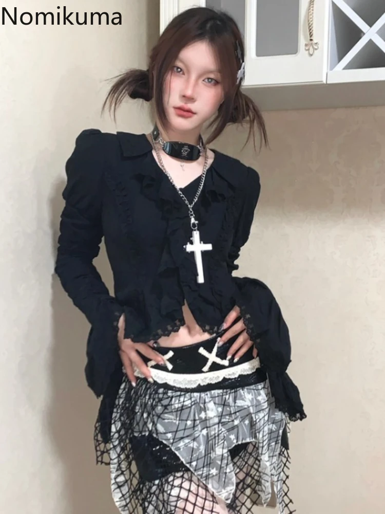 

Summer Women Blouse 2025 Blusas Mujer De Moda Slim Fit V-neck Flare Sleeve Shirts Crop Tops Ruffles Folds Sexy Black Blouses