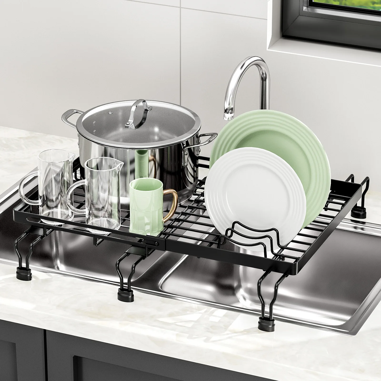 

Rustproof Dish Drying Rack Kitchen Countertop Dish Rack Dish Drainer Organizer with Utensil Holder＆ Drain Board for Kitchen Sink