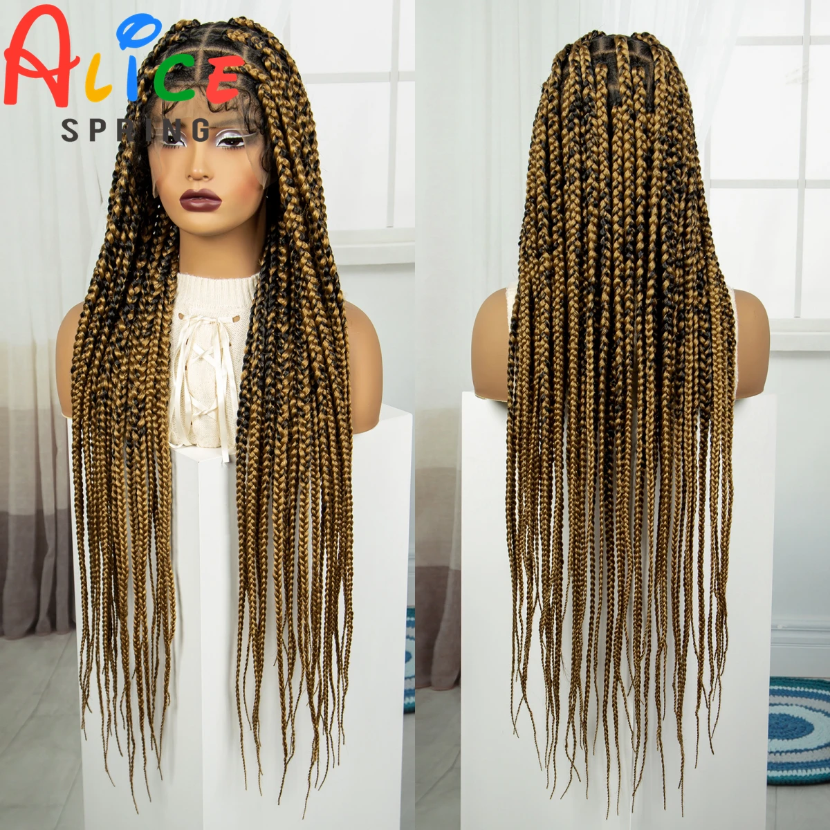 36 Zoll synthetische geflochtene Perücken Ombre Lace Front Perücken mit Babyhaar volle Spitze gerade knoten lose Box Braid Perücken für schwarze Frauen