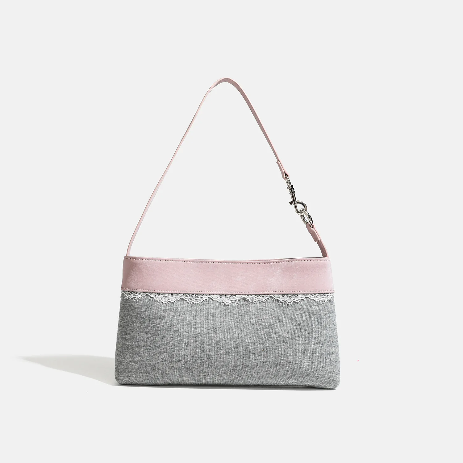 New Gray-Pink Contrast Stitched Lace Single-Shoulder Square Bag—Versatile Commuter Bag with Large Capacity, Canvas Underarm Bag