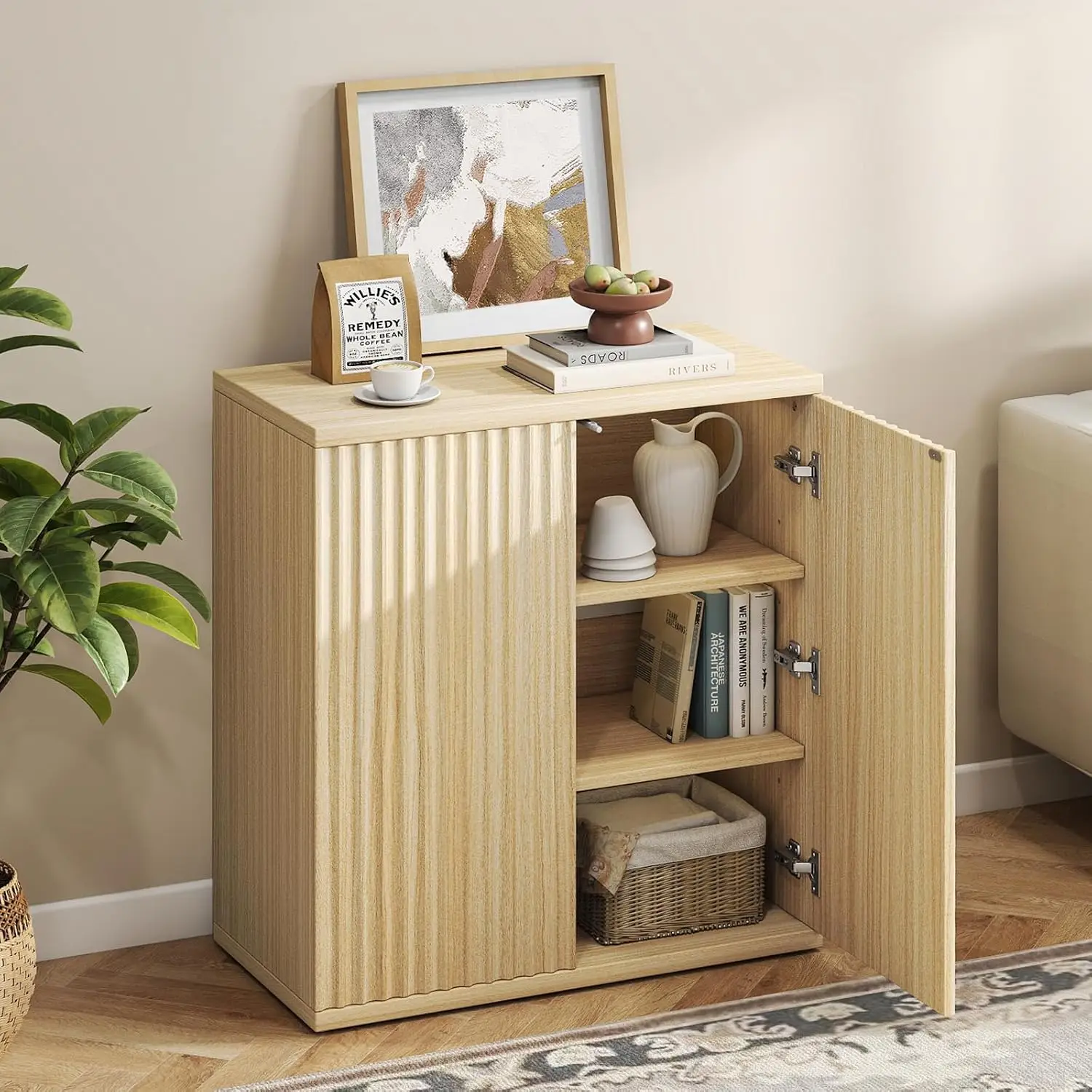 Fluted Wood Sideboard Cabinet with Doors & Storage 2 Pack, Small Credenza for Kitchen Entryway Living Room, Customized