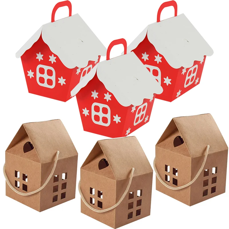 

5pcs Christmas House Shape Candy Boxes 2024 New Year Gifts Packaging Paper Box Bag For Xmas Tree Hanging Home Decoration Navidad