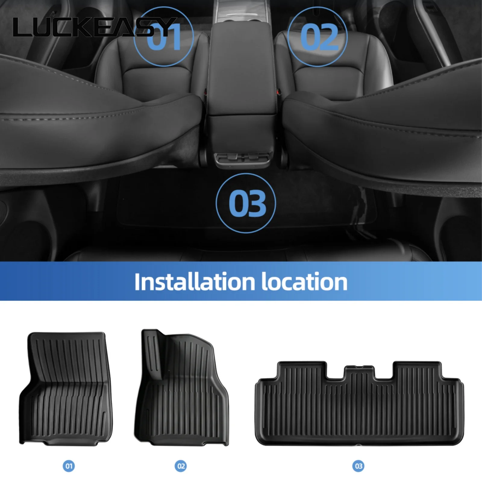 LUCKEASY Right Drive for Tesla Model Y 2021-2024 Car Floor Mats TPE 3D Foot Pad Waterproof All Weather Car Accessories Black