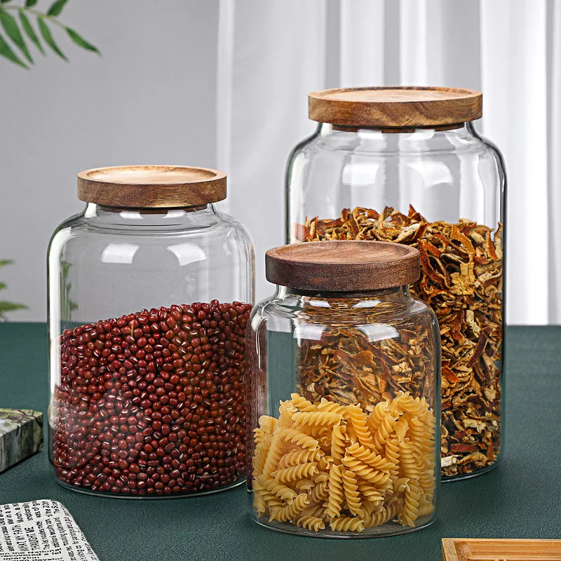 

Kitchen Food Grade Sealed Glass Jar, Large Size Glass Pot, Coffee Powder Seasoning Storage Jar, Acacia Wood Glass Bottle