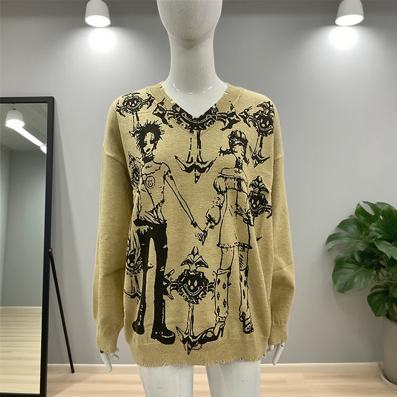 

Autumn and winter new dark retro knitted jacquard sweater American street hip-hop trend V-neck loose top Y2k clothing