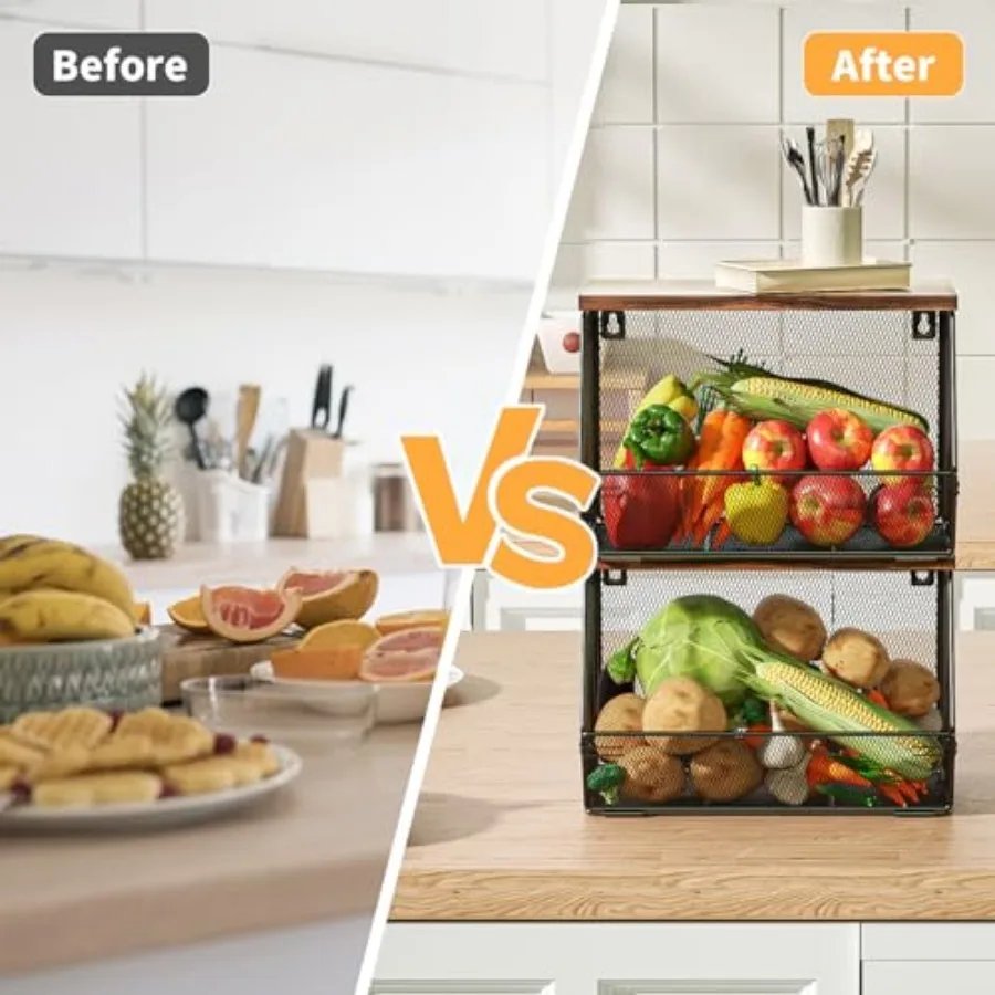 2 Tier Fruit Basket for Kitchen Counter, Stackable Onion and Potato Storage Basket, Wall Mounted Wire Basket with Wood Lid, Han view 3