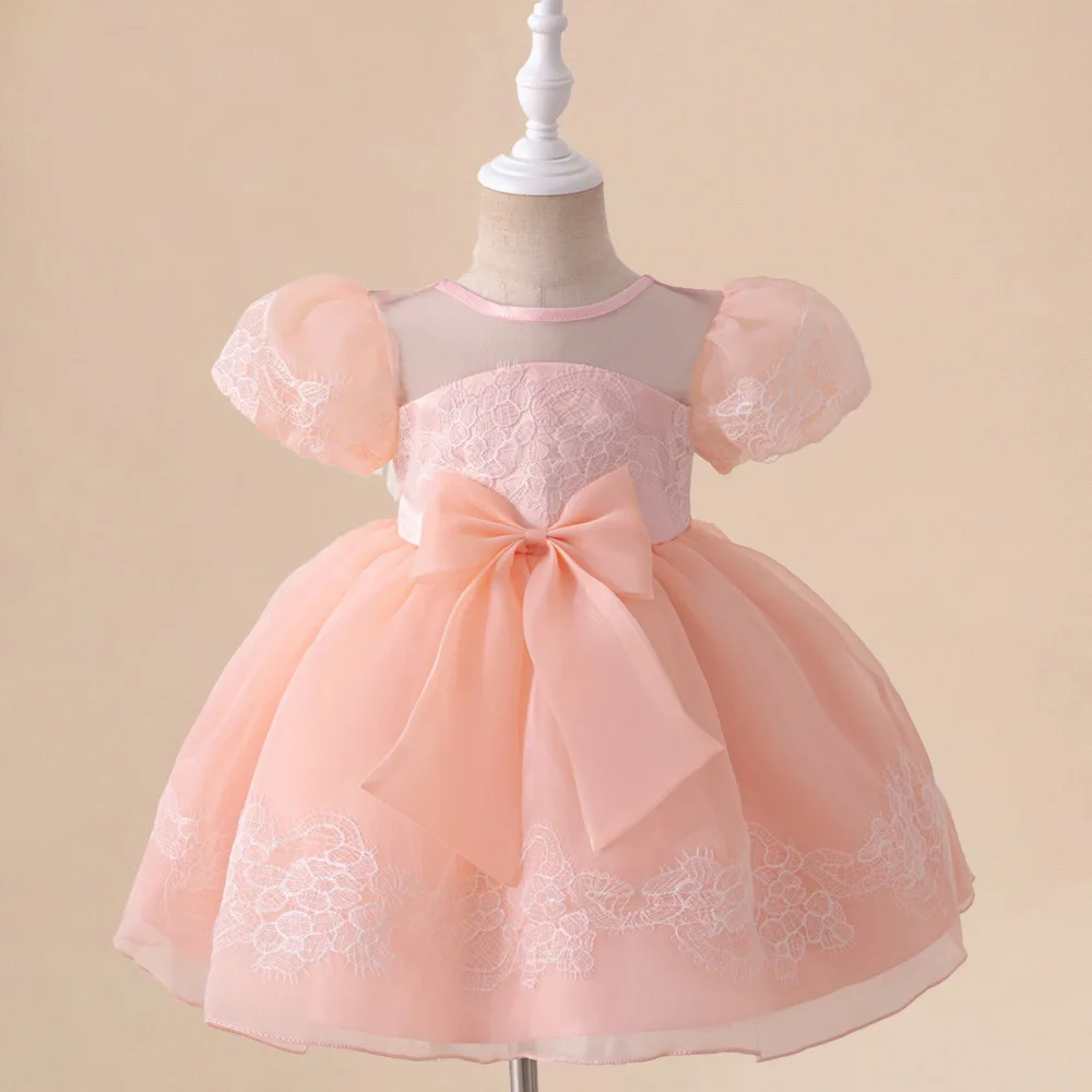 

Puff Sleeve Embroidery Big Bow Baby Girl Baptismal Dress Pearl Princess Kid's Dress Toddler Clothes For Newborns Vestidos 1 3 6Y