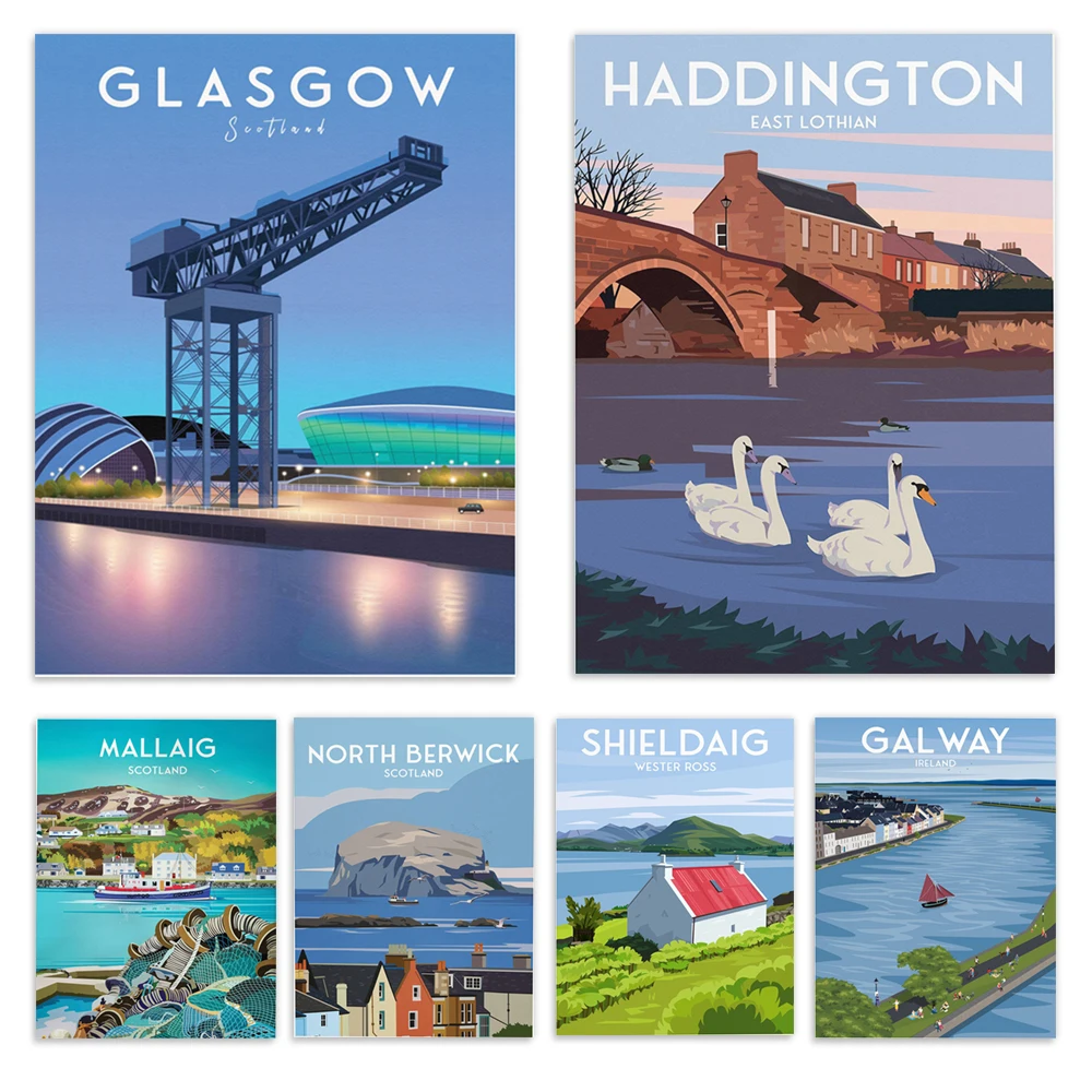 Skipton, Galway, St. Michael's Mount, Mallaig Harbor, Hildegard, Hebrides, Lough Voyle Highland Cattle Schottland Reiseplakat