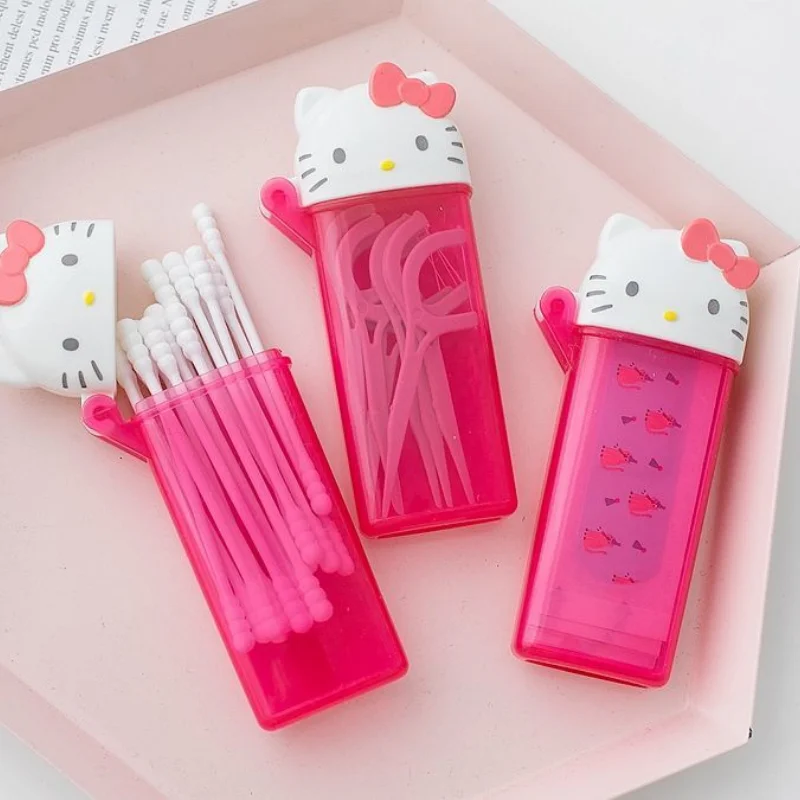 Hello Kitty Sanrio Melody Cotton Swab Storage Box Cute Anime Character Portable Toothpick Storage Cosmetic Box Children Gift