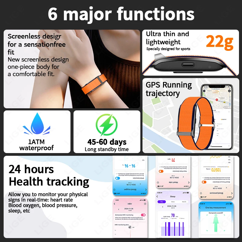 LIGE Smartband Nylon Smart Bracelet Heart Rate Health Monitor Pedometer Sports Fitness Tracker for Men Women Electronic Bracelet