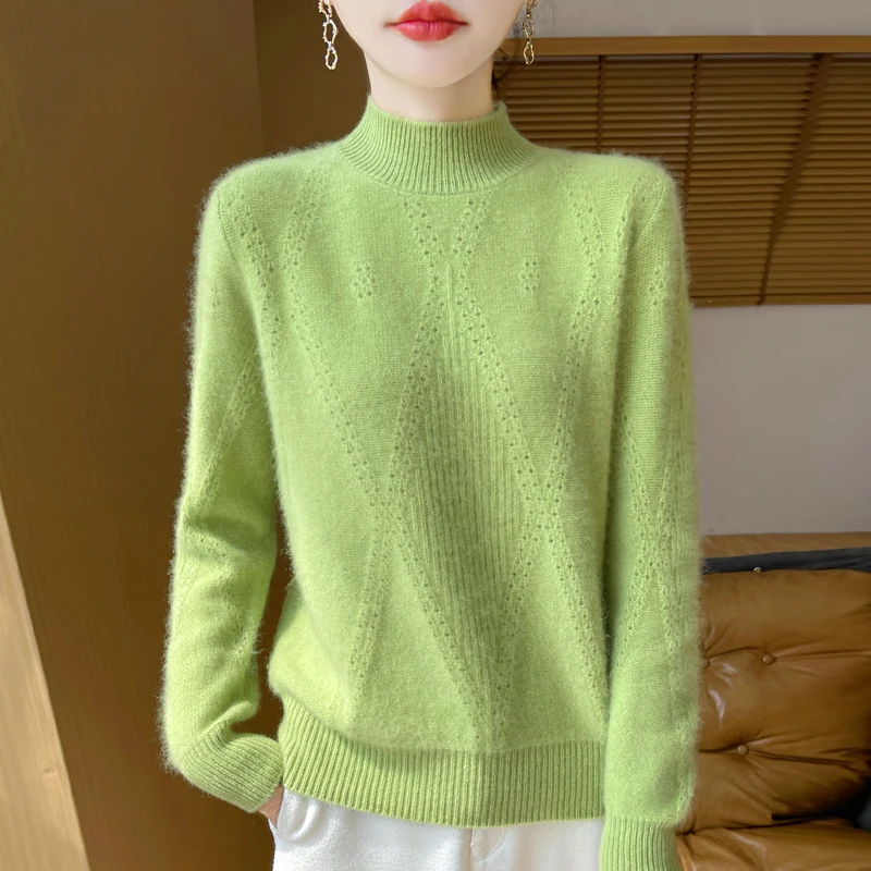 

100% merino wool women's knitted sweater, thickened, fashionable, half turtleneck, pullover, new autumn and winter 2024