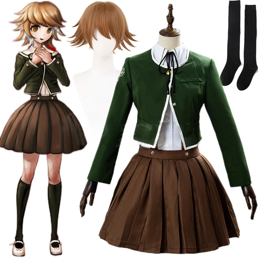 Danganronpa Chihiro Fujisaki Cosplay Costume JK Uniform Suit Long Sleeve Brown Pleated Skirt Set Women Halloween Costume Outfit