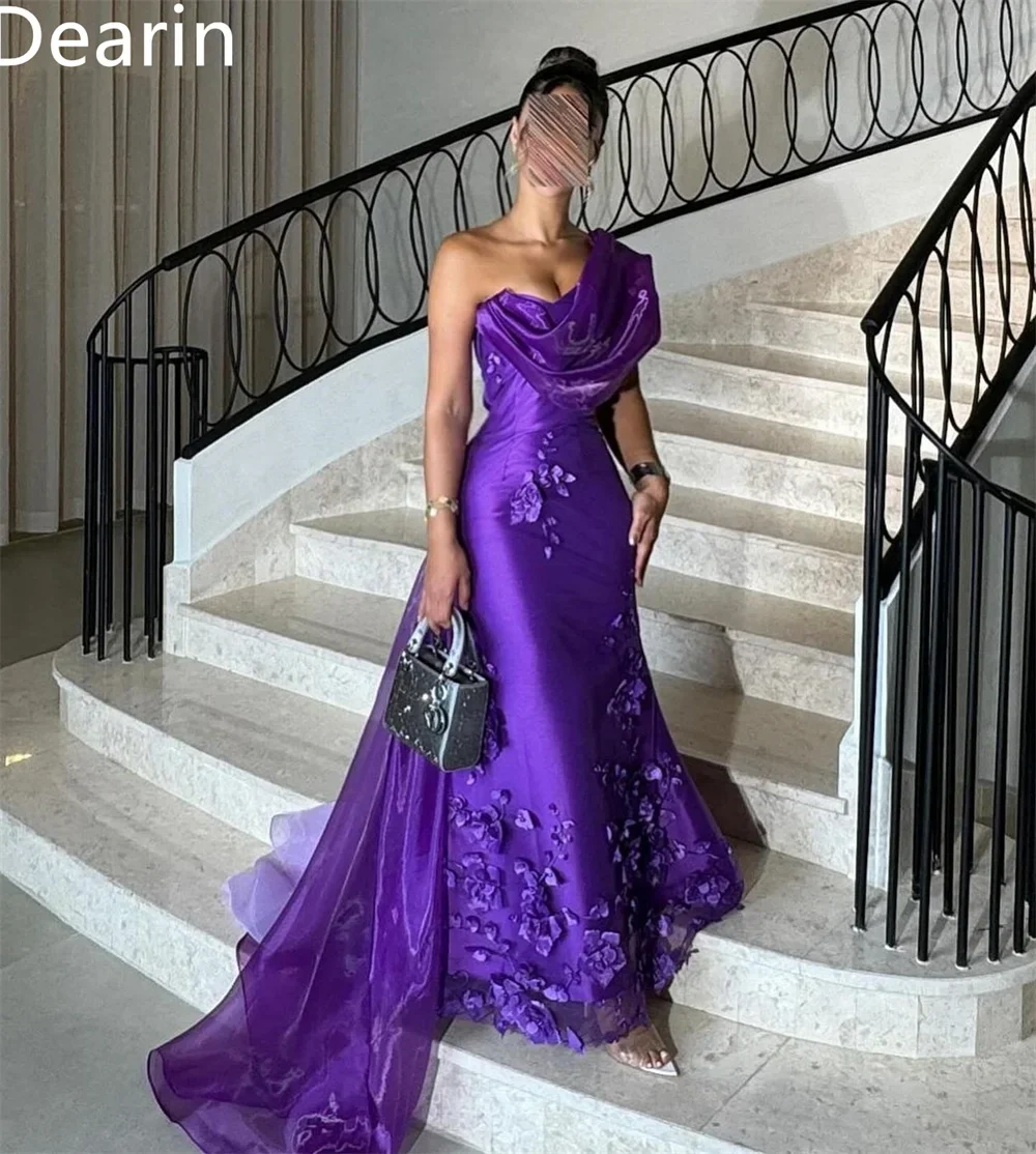 Customized Formal Dress Dearin One Shoulder Mermaid Floor Length Skirts Ruffle Tulle Applique Flower Bespoke Occasion Dresses Pr