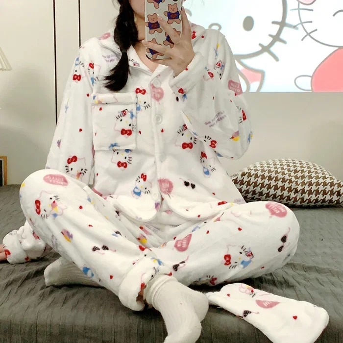 

Sanrios Hello Kitty 2Pcs Women's Plush Pajamas Robe Set Kuromi Kawaii Winter Hooded Thicken Home Clothes Soft Christmas Gift