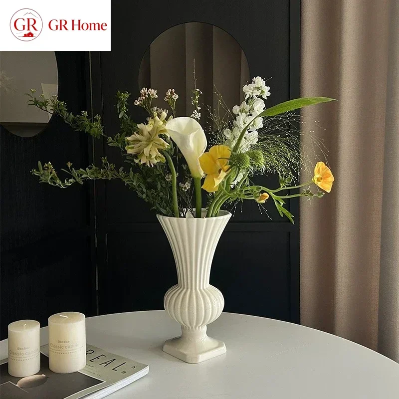 French Cream White Ceramic Vase,Elegant Floral Arrangement Vessel for Tulips,Rustic Table Centerpiece for Living Room,Home Decor