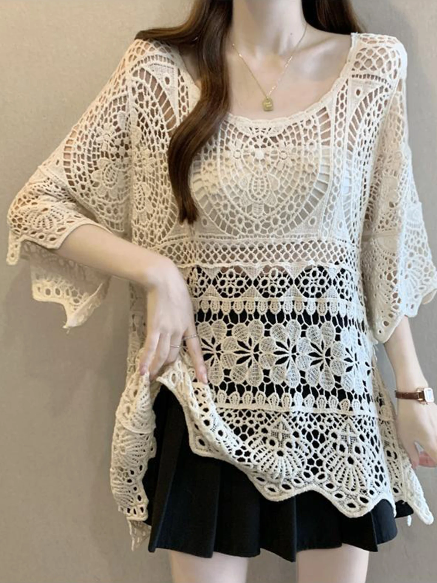 

n Hollow out Knitted Top Women's Spring Summer Loose Outerwear Long Sve round Ne Plant Floral Pattern Breathable