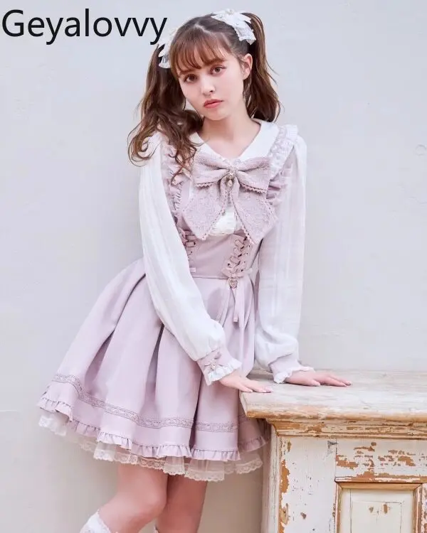 일본 스타일 대량 생산 새로운 달콤하고 귀여운 로리타 세트 레이스 패치워크 리본 네이비 칼라 소녀 긴 소매 드레스와 반바지