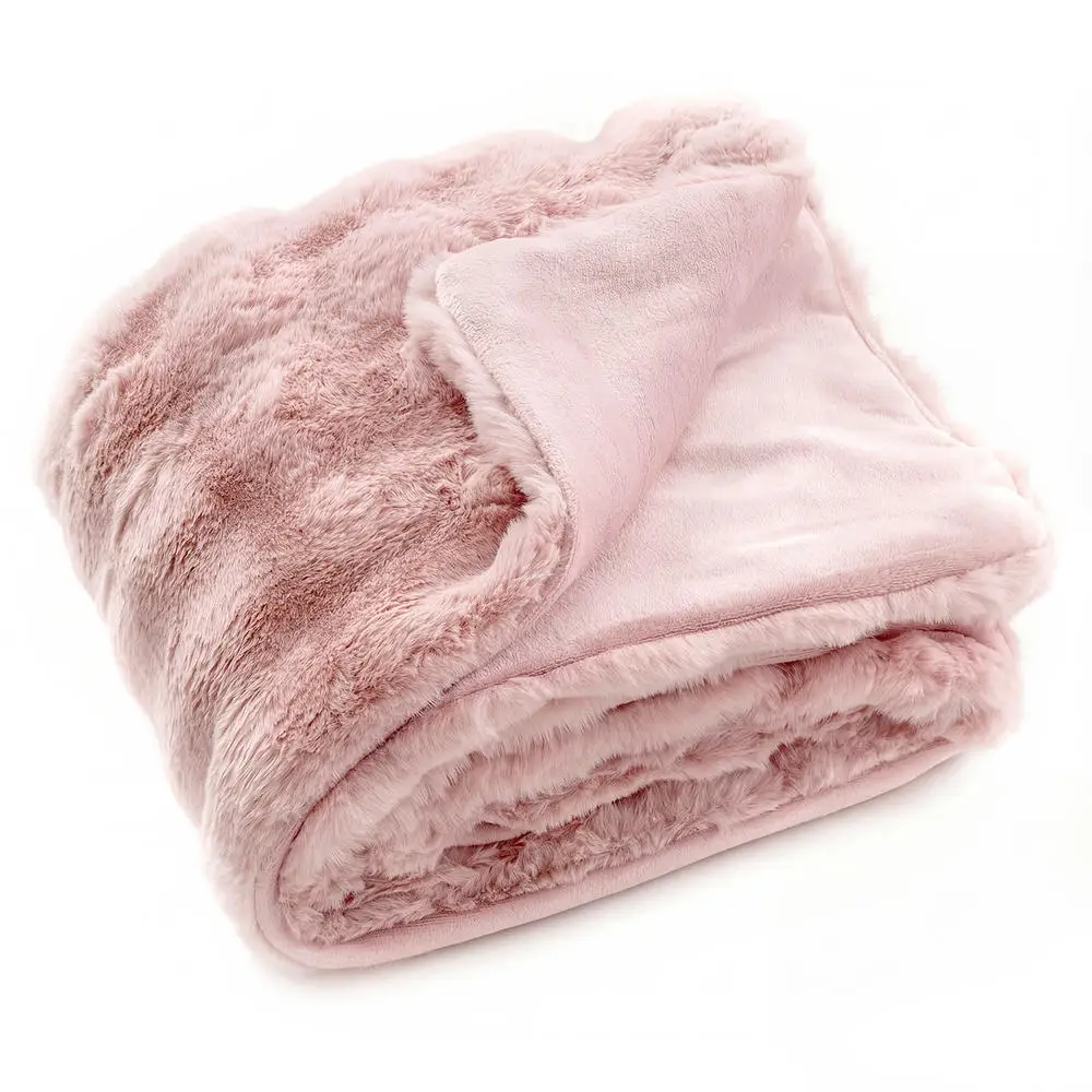 Luxury Fuzzy Plush Rabbit Fur Bubble Blanket For Armchair-Pink