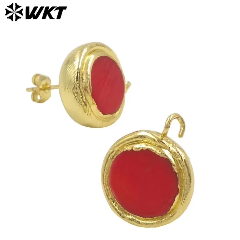 WT-JFE116 Natural Round Red Coral With 18k Gold Plated Hook Earring Jewelry DIY Finding For Women Daily Simple Decorated