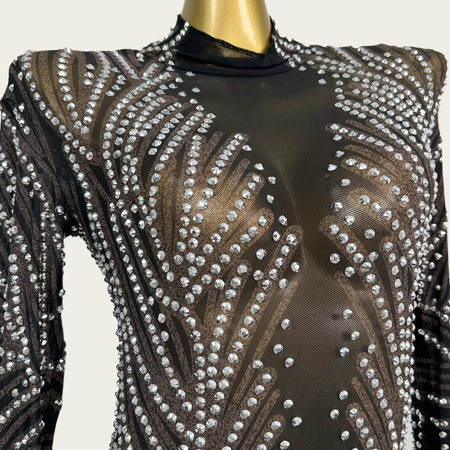 Czarna Przezroczysta Sukienka Wieczorowa z Siateczki, Galowa, Zdobiona Błyszczącymi Cyrkoniami, Długi Rękaw, Sukienka na Imprezę, Bal, Elegancka, Seksowna Długa Sukienka Damska Huayuan