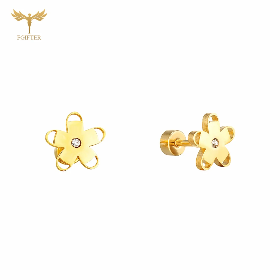 Korean Flower Stud Earrings For Women Gold Color Zircon Stainless Steel Piercing Accessory Wedding Party Engagement Jewelry