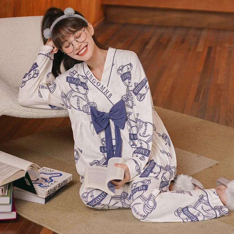 Cute Rabbit Pajamas Women Cute Kawaii Long Sleeves Long Pants Shawl Collar Autumn Winter Pyjamas Lady Sleepwear Girls Pijamas