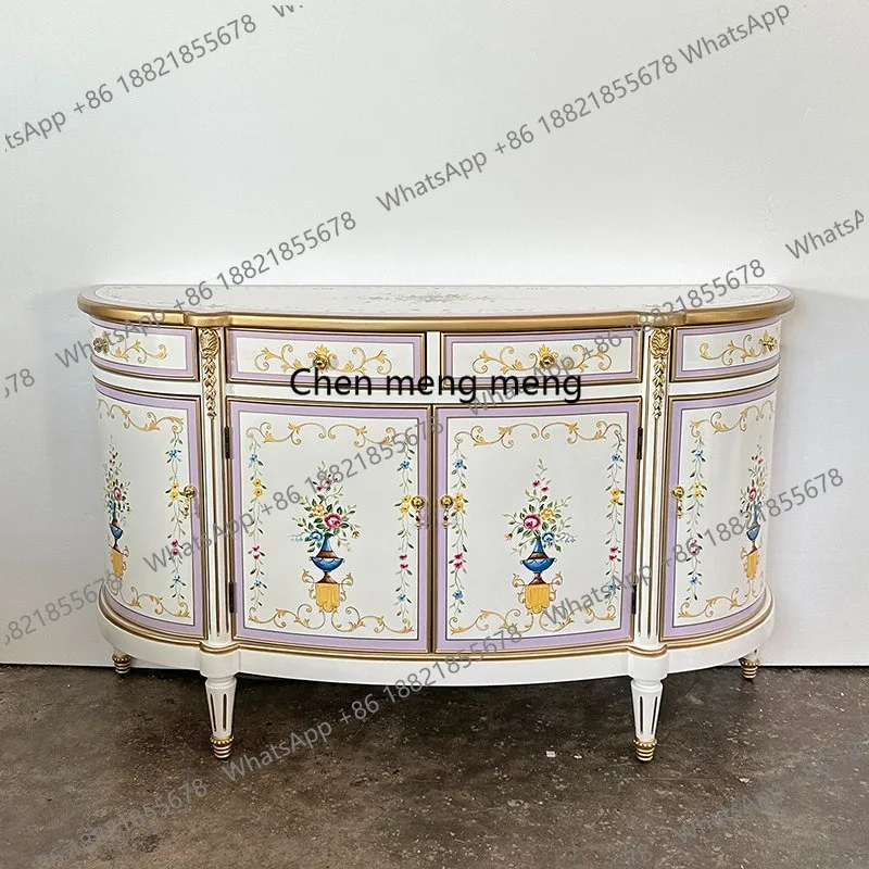 

French Painted Entrance Cabinet Classical Art Dining Side Cabinet Luxury Semicircular Foyer Decorative Cabinet