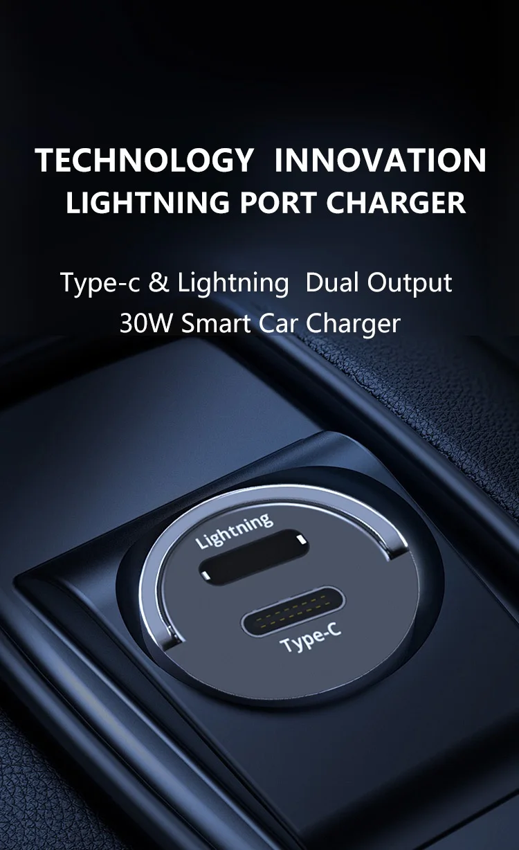 

30W Ultra-Fast Dual Charging Patented Invisible Car Charger with Lightning USB-C Dual Ports Fast Charge Mini Flush-Mount Design