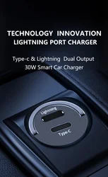 Car Charger USB C and Lightning Dual Output Mini  Size Flush Fit 30W Super Fast Charging Compitible For Iphone and Android