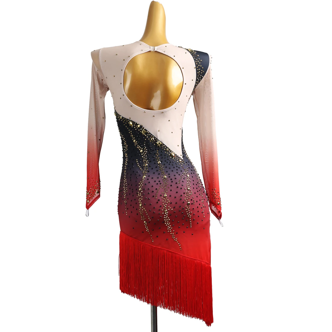 Professional Latin Dance Test Competition Uniform Black And Red Gradient Full Diamond Fringed Dress Hip-covering National Standa