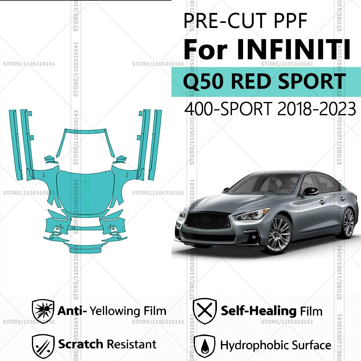 

Для INFINITI Q50 RED SPORT 400-SPORT 2018-2023: Предварительно вырезанная прозрачная защитная пленка (PPF) для автомобиля