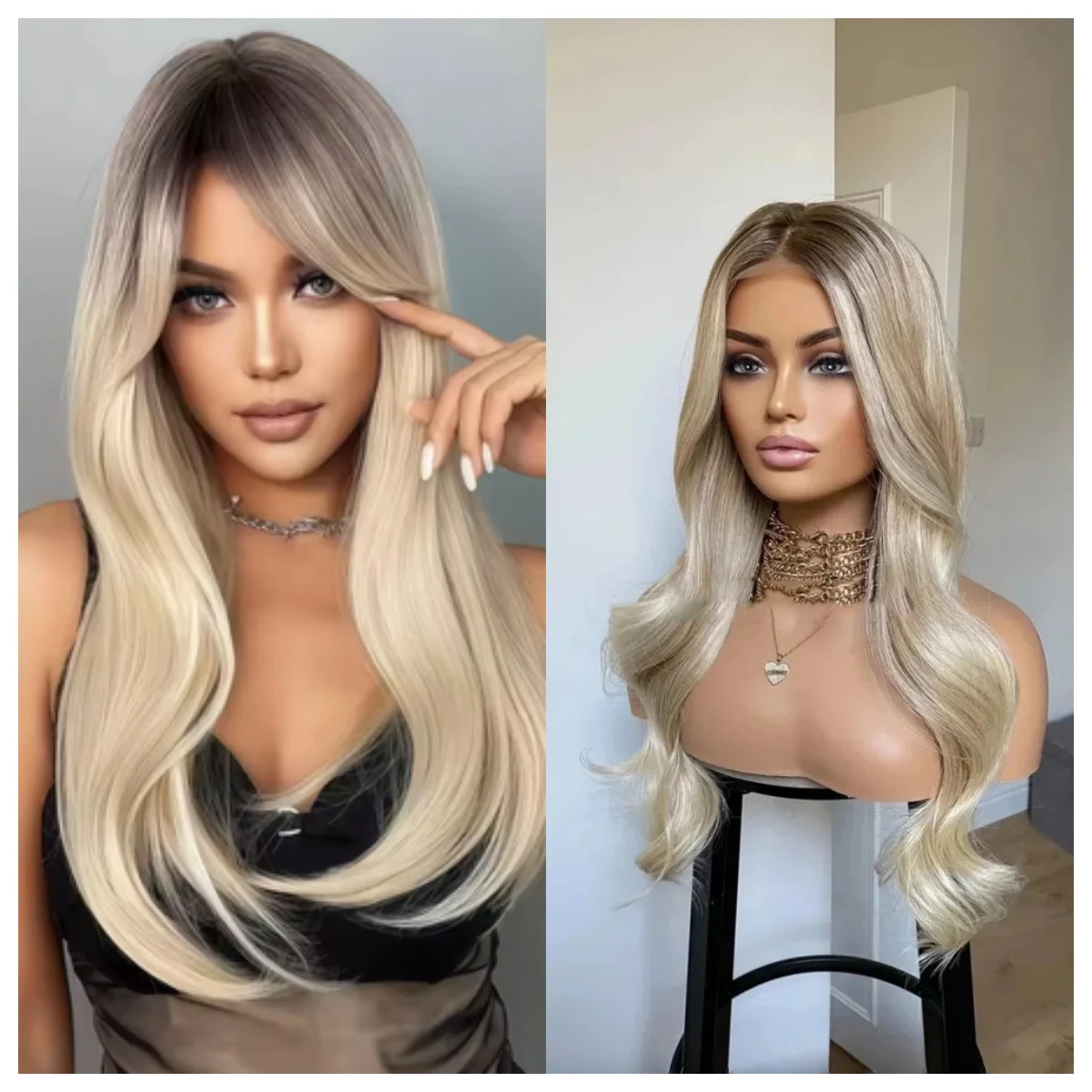 

Platinum Ombre Blond Body Wave Lace Front Wig for Women Dark Roots Glueless Synthetic Hair Wig for Daily Use