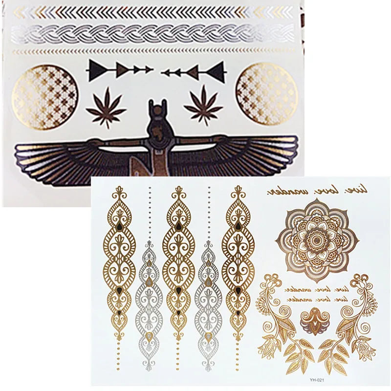 1 Sheet Temporary Tattoos Metallic Gold-Colored Silver Glitter Fake Waterproof Transfer Tattoo Stickers Long Lasting for Adults