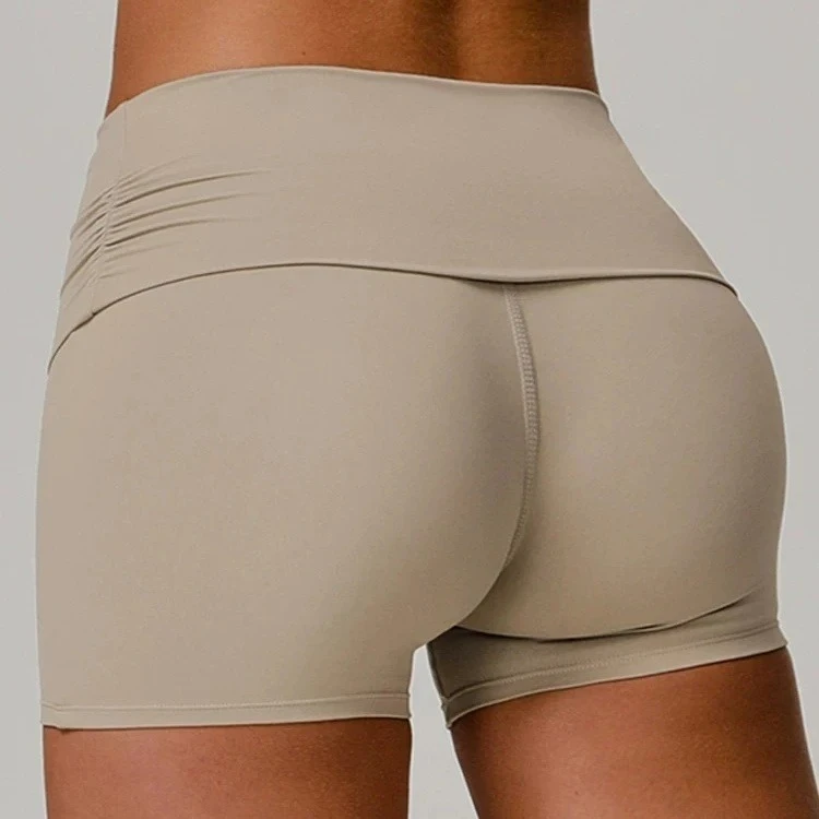 C-B Fold Over Waist Ruched Yoga Shorts Naked Feel Butt Lifting Quick Dry High Waist Gym Pilates Women Biker Shorts