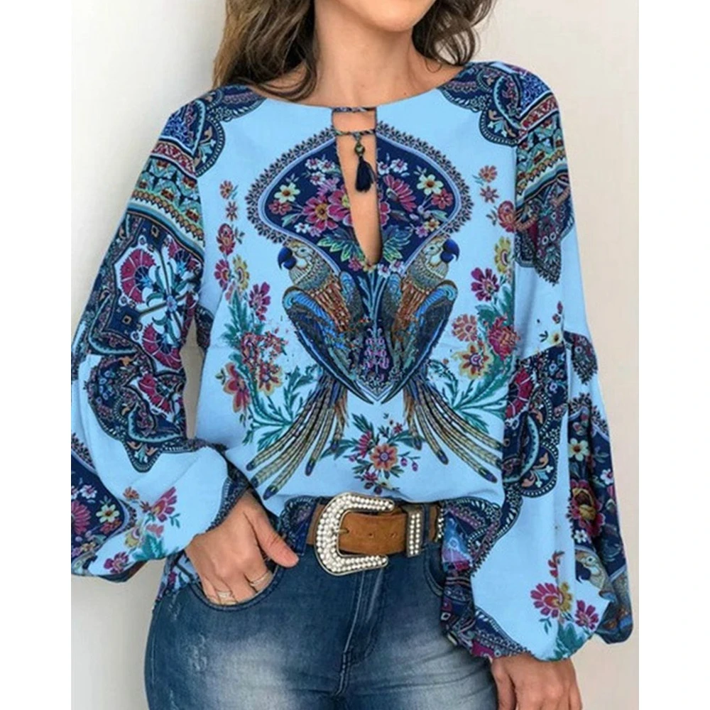 Women Floral Ethnic Print Tassel Design Top V Cutout Lantern Sleeve Blouse Spring Fashion Summer Femme Casual Shirts Streetwear